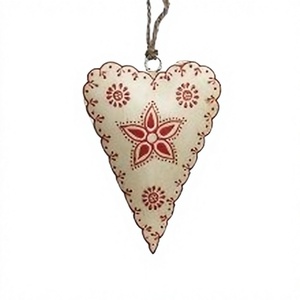 Ornement de Noël en métal peint à la main en forme de cœur, crème et rouge, style artisanal rustique, pendentif suspendu pour décoration de maison, vente en gros - Product Image 1