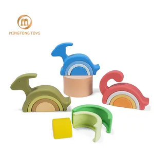 Wholesales Early Educational Baby Sensory Building Training Water Wave Texture Silicone Animal Shape Dinosaur Stacking Toys