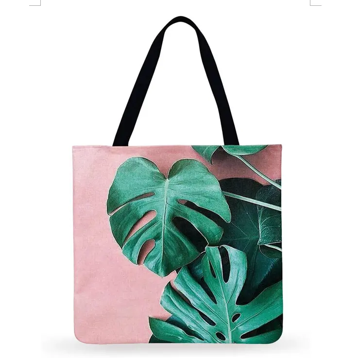 Bolsa feminina de juta, bolsa de ombro, estampa de planta tropical, linho, casual, reutilizável