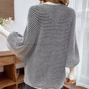Women's Fall/Winter New Arrival Loose-Fit Knit Striped V-Neck Batwing Sleeve Patchwork <b>Pullover</b> <b>Sweater</b> Fashion - Product Image 6