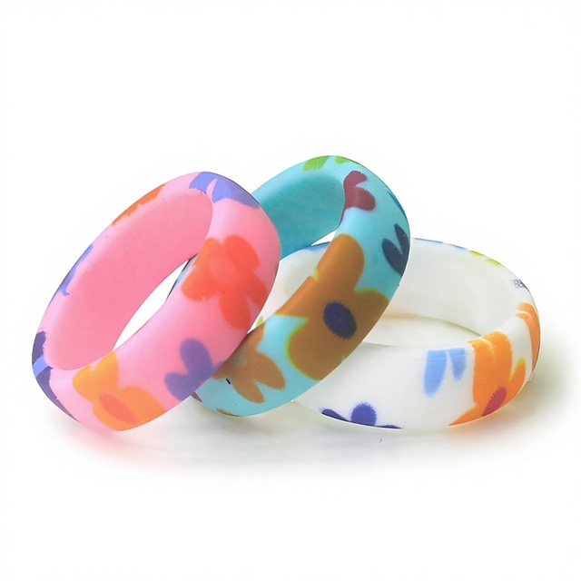 New Silicone Ring 5.7mm Wide Longevity Flower Design Ladies Fashion Trend Couple Ring SiR037 Water Transfer Printed