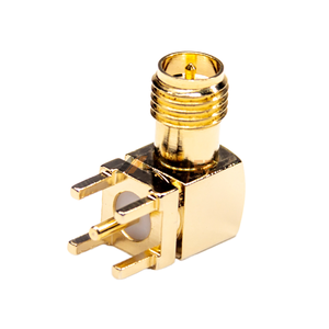 Conector RF de ángulo recto RF2-03E-T-00-50-G, hembra, 50 ohmios, de cobre y latón, con orificio pasante, compatible con otros circuitos integrados. - Product Image 1
