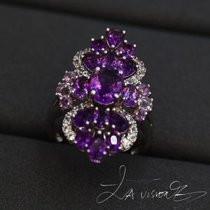 Bague vintage en alliage de la série Counterattack, incrustée d'améthyste naturelle et de saphir blanc synthétique - Product Image 3