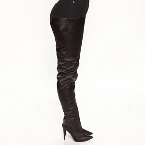 Bottes hautes pour femme style occidental, en satin lisse, à talon aiguille, bout pointu, avec fermeture éclair latérale, montantes jusqu'au-dessus du genou - Product Image 5