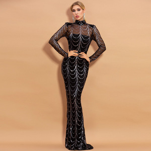 Vestido Largo Negro con Cola, Estilo Europeo y Americano, Nuevo, Sexy, Transparente, con <span class=keywords><strong>Lentejuelas</strong></span> a Rayas, Vestido de Noche Largo para <span class=keywords><strong>Mujer</strong></span> - Product Image 1