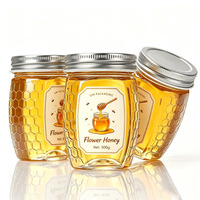 Bocal en verre pour miel et confiture à motif nid d'abeille, 500g, 700g, 1000g, avec couvercle métallique