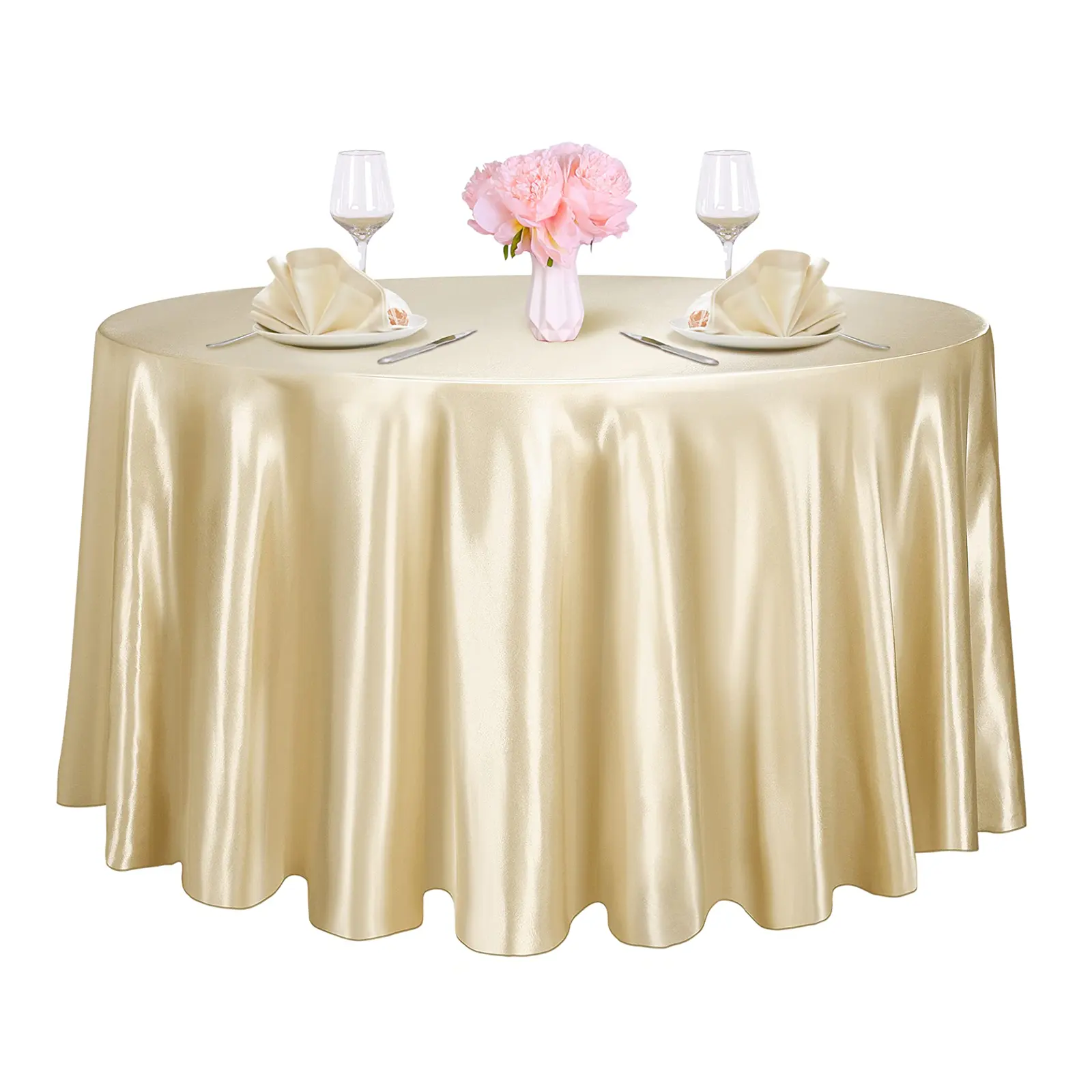 305cm/120inch Hot Selling Champagne Round Tablecloth Satin Table Cloth For Glamorous Wedding Party Celebrations