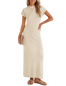 Robe longue en tricot simple avec col montant et manches courtes, coupe ajustée, couleur unie, décontractée, pour tous les jours, toutes saisons - Product Image 1
