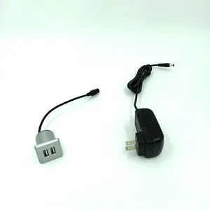 美国双端口银方形 USB 充电与 2 个插座充电器 12V1A 电源适配器隐蔽安装