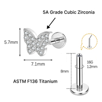 JiaXin ASTM-F136 Piercing Corporal de Titanio Sin Rosca con Parte Trasera Plana, Tipo Labret, Medusa, Concha, Lóbulo, Flor, Circonita Cúbica, 16G