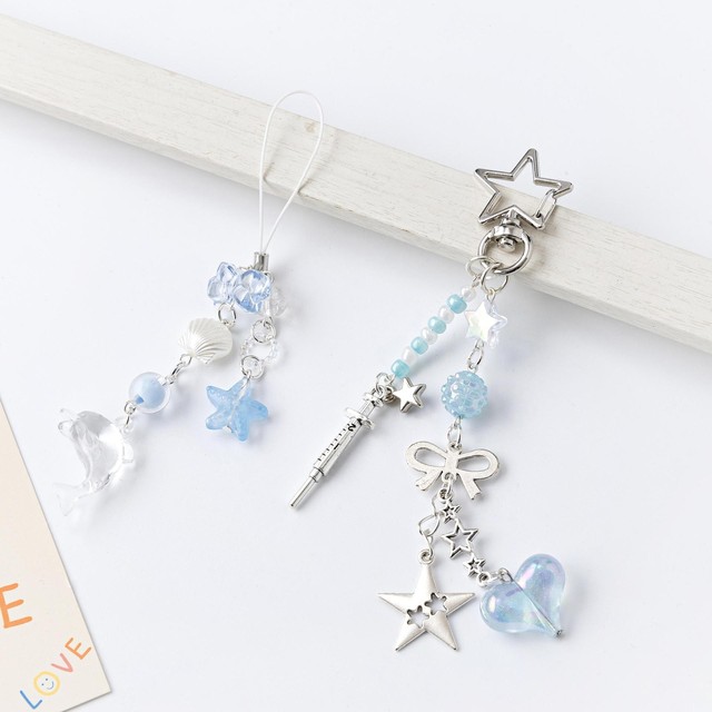 Dolphin Pearls Phone Charm Blue Theme Beaded Keychain Sweet Exquisite Backpack Decoration Accessories Gifts