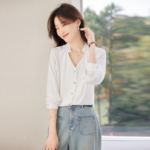 Royal Blue V-neck Shirt Women Long Sleeve Button Front Solid Color Office Wear Polyester Poplin Blouse Spring Autumn 2025 - Product Image 4
