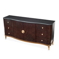 Commode sur mesure en noyer brun brillant avec design camélia, plateau en marbre, étagères réglables, console de rangement