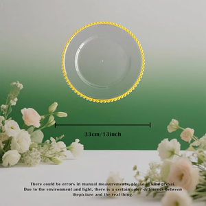 13 Inch <b>Clear</b> Plate Wedding Birthday Party Decorations Supplies <b>Rose</b> Gold Beaded Trim Round Plastic Charger Plates - Product Image 2