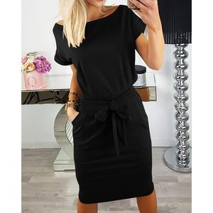 Vestido Negro de Verano para Mujer, Manga Corta, Cuello Redondo, con Cintura Ajustable y Bolsillos, Estilo Ejecutivo, Tejido Cómodo - Product Image 3