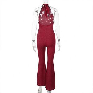 <span class=keywords><strong>Combinaison</strong></span> longue décontractée pour femme, sexy, à col halter, dos nu, brillante, élégante pour mariage, vente en gros - Product Image 5
