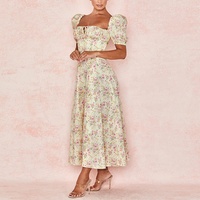 Robe Midi Imprimée Florale OEM Col Carré Personnalisé Manches Bouffantes Corset Coupe Évasée Fente Haute Romantique Soirée Jardin Femme ODM