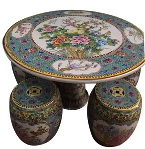 Meja dan bangku luar ruangan keramik mawar Famille antik Cina, meja dan bangku keramik dekoratif budaya tradisional Tiongkok
