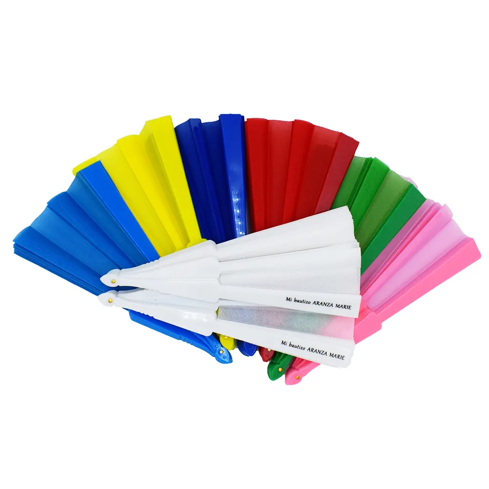 พลาสติกผ้ามือถือพัดลมสีลูกอมพัดลมพับเป็นของขวัญธุรกิจส่งเสริมการขาย
