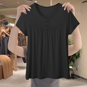 Plus Size Women's Loose Fit T-Shirt Maroon Short Sleeve Button Front Knitted Top Solid Color Summer Wear - Product Image 2