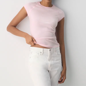 T-<span class=keywords><strong>shirt</strong></span> côtelé personnalisé pour <span class=keywords><strong>femme</strong></span>, col rond, coupe ajustée, manches raglan, toucher doux en coton, idéal pour le quotidien - Product Image 1