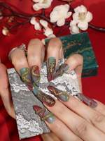 Ongles à presser en acrylique style chinois, motif serpent 3D torsadé à paillettes, forme amande longue, pour séances photo et fêtes