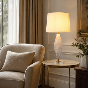 Lampada da Comodino Moderna in <span class=keywords><strong>Cristallo</strong></span> di Selenite Naturale Traslucido a Più Livelli con <span class=keywords><strong>Paralume</strong></span> in Tessuto per Camera da Letto e Soggiorno - Product Image 4