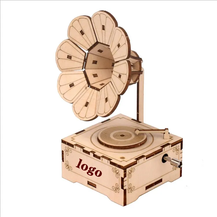 Boîte à musique 3D en forme de Gramophone, bricolage, Puzzle en bois, modèle à faire soi-même, manivelle à main, bricolage, 50 pièces