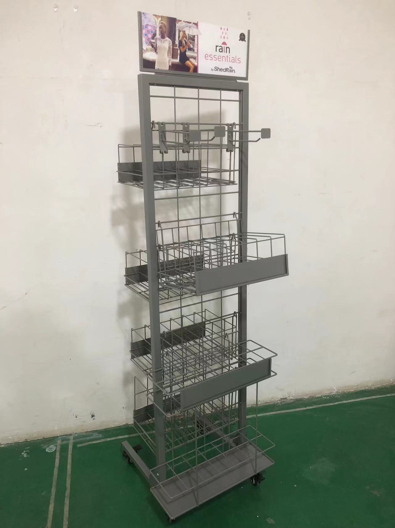 Advertising Umbrella Metal Floor Standing Display Rack Double-sided Iron Wire Basket Shelf Wheels for Supermarkets Retail Shops — view 2