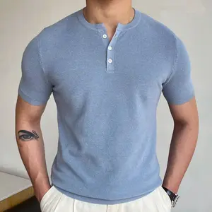 Verão Nova Camisa De Malha Em Torno Do Pescoço Manga Curta De Lã T-shirt Dos Homens