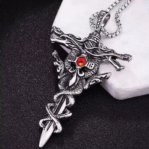 Punk-Mode Titan-Stahlkette für Männer, Legierung Doppeldrachen-Schwert-Anhänger Choker <span class=keywords><strong>Ring</strong></span>, Vintage Böser Blick Kreuz Schmuck Geschenk - Product Image 3