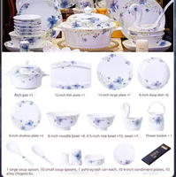 Service de table en porcelaine fine bleu floral sous glaçure, artisanat de Jingdezhen, compatible micro-ondes et lave-vaisselle, résistant à la chaleur, pour la maison