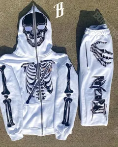 Custom OEM Blusão 100% Algodão Respirável Bordado Logotipo Full Zip Up Hoodie Jogger Calças Streetwear Homens Tricô