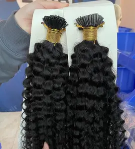 100% real raw virgin human hair natural black deep curly No tangle No shedding for hair thinning women I tip hair extensions