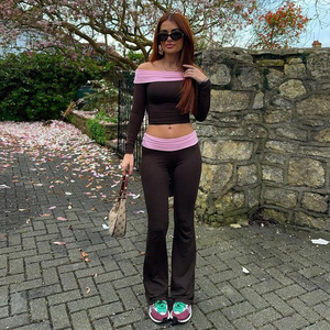 Women's Color Block Off Shoulder Long Sleeve Top Flared Pants <b>Set</b> Breathable <b>Knitted</b> Casual Wear FDL0737 - Product Image 2