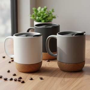 Best Sale 11oz Customized Logo Ceramic Mug Spill Proof Lid Cork Insulated Bottom Coffee Mugs for Party Promotions Events Gifts