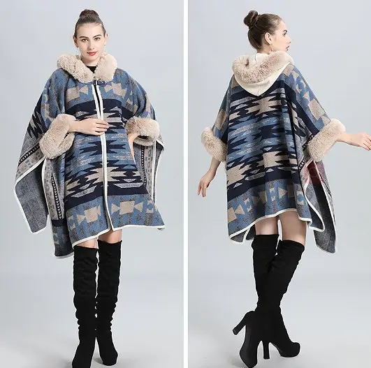Jaket rajut wol bertudung baru kardigan wanita Vintage Barat mantel jubah bulu