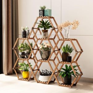 Support de plantes hexagonal d'intérieur pour plusieurs plantes, grand étagère à plantes en bois d'extérieur, support pour 10 pots, support à fleurs pour patio - Product Image 3