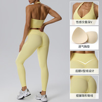 Ensemble de yoga deux pièces respirant et solide : débardeur dos nu en V profond et pantalon long moulant rehausseur de fessiers - Tenue de sport