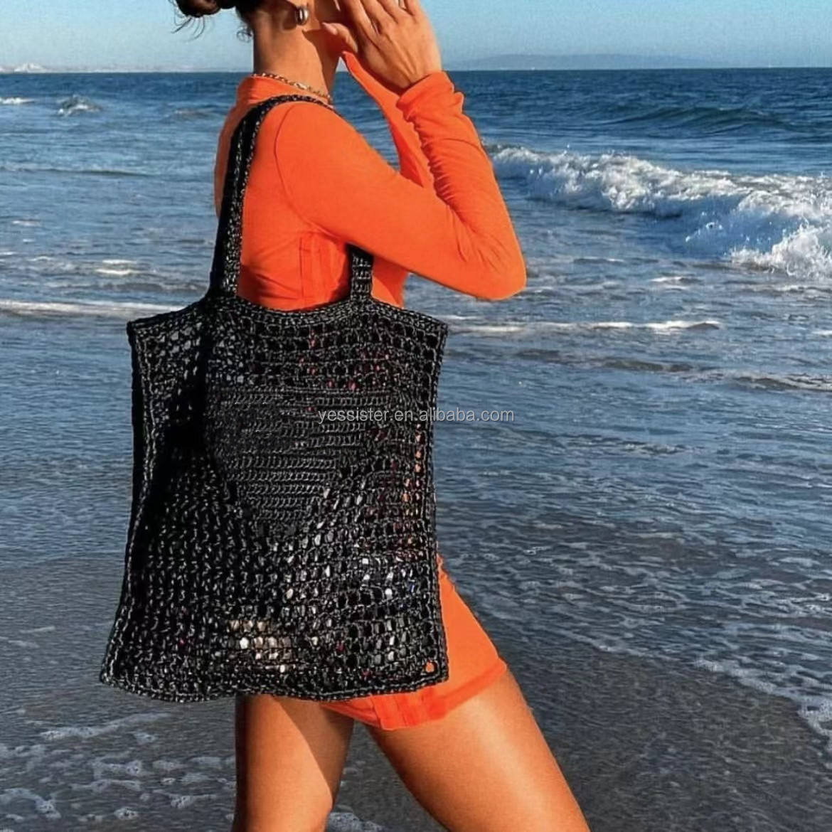 Bolsa de rafia de ganchillo, bolsa de papel de paja de ganchillo