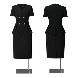 Grey Women's Summer Short Sleeve V Neck Blazer Skirt Set Elegant Professional Commute Suit Two Piece - Product Image 2