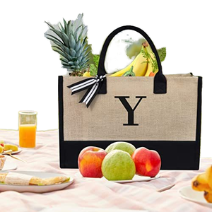 Sac fourre-tout en jute noir personnalisé pour femmes, idéal pour le shopping, les courses, le sport, le yoga, les fêtes, les cadeaux, avec initiales - Product Image 2