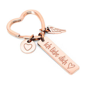 Nuovo stile rosa oro argento tedesco portachiavi Pass auf dich auf acciaio inossidabile anello a forma di cuore con ciondolo ad ala per le ragazze del ragazzo - Product Image 4