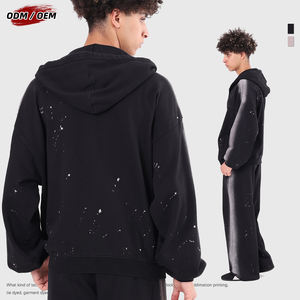 Sweat à capuche numérique d'hiver 100% coton, 430g, avec fermeture éclair YKK, style urbain, effet graffiti peint au pistolet, vintage et vieilli, zippé - Product Image 3