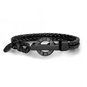 Oem Men Genuine Cowhide Leather Black Stainless Steel Charms Handmade Black Leather Bracelet With Personalized Logo