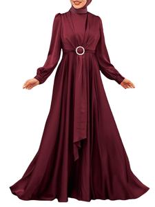 Vestido Largo Modesto con Mangas Abullonadas, Diseño de Tirantes Cruzados, Cintura Natural, Estilo Simple Ecológico, Color Sólido para Dubái, Musulmán, <span class=keywords><strong>Cabaya</strong></span> - Product Image 3