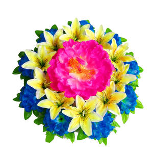 ช่อดอกไม้ประดิษฐ์สำหรับงานศพ ดอกลิลลี่และดอกโบตั๋นผ้าไหม สำหรับวางบนหลุมศพ - Product Image 1