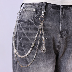 yueli Double Layered Metal Pants Chain With <b>Skull</b> And Cross Pendant Tibetan Silver Waist Chain For Hip Hop Casual Style - Product Image 1