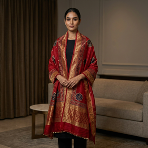 Burgundy Crinkled Silk Dupatta with Gold Border Elegant Traditional Indian Pakistani Women <b>Wedding</b> Party Diwali Wear - Product Image 1
