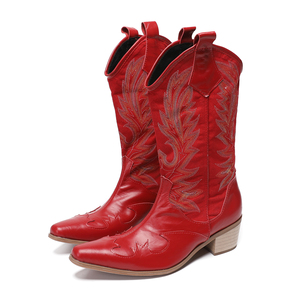 <span class=keywords><strong>Botas</strong></span> Vaqueras Country Western NA651 para Mujer, Zapatos de Cuero Talla Grande 45, <span class=keywords><strong>Botas</strong></span> Bordadas Rojas a Media Pantorrilla - Product Image 1
